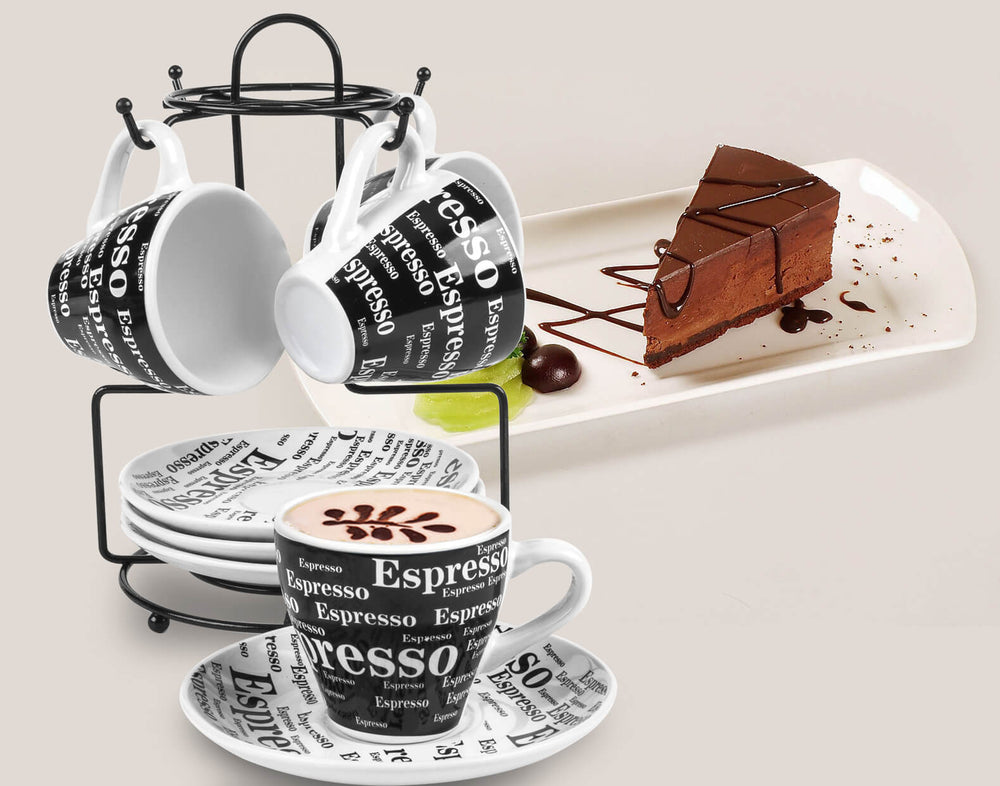 
                  
                    Bene Casa 9-Piece Black & White Espresso Design Demitasse Cup and Saucer Set with Stand
                  
                