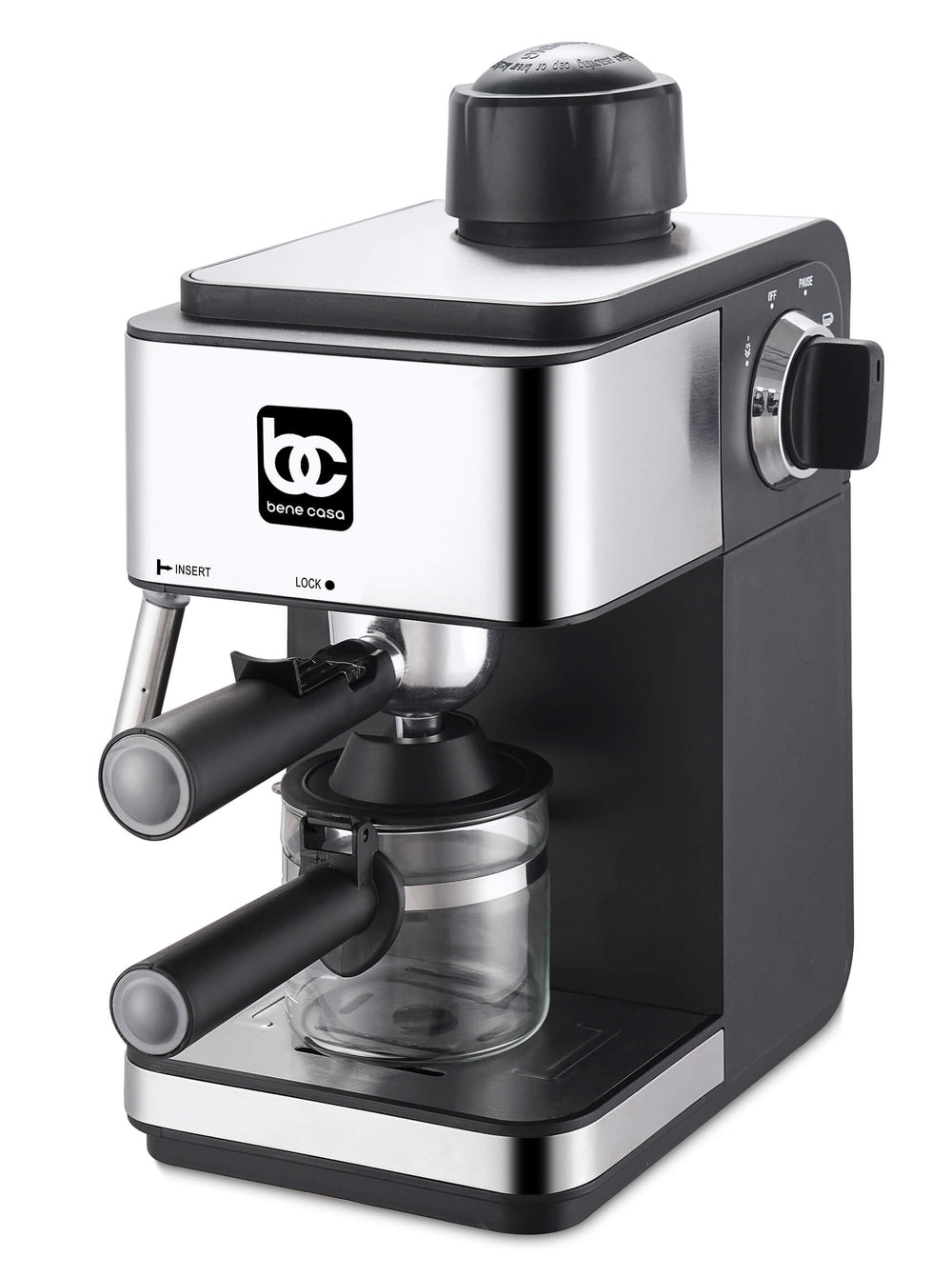 Bene Casa Stainless Steel 4-cup espresso maker; milk frother, cappuccino, coffee, latte maker