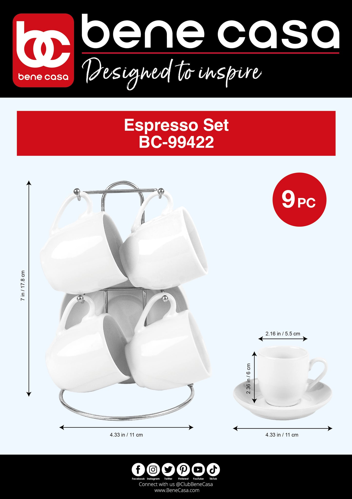 
                  
                    Bene Casa 9-Piece Espresso Demitasse Cup and Saucer Set with Stand (3 colors)
                  
                