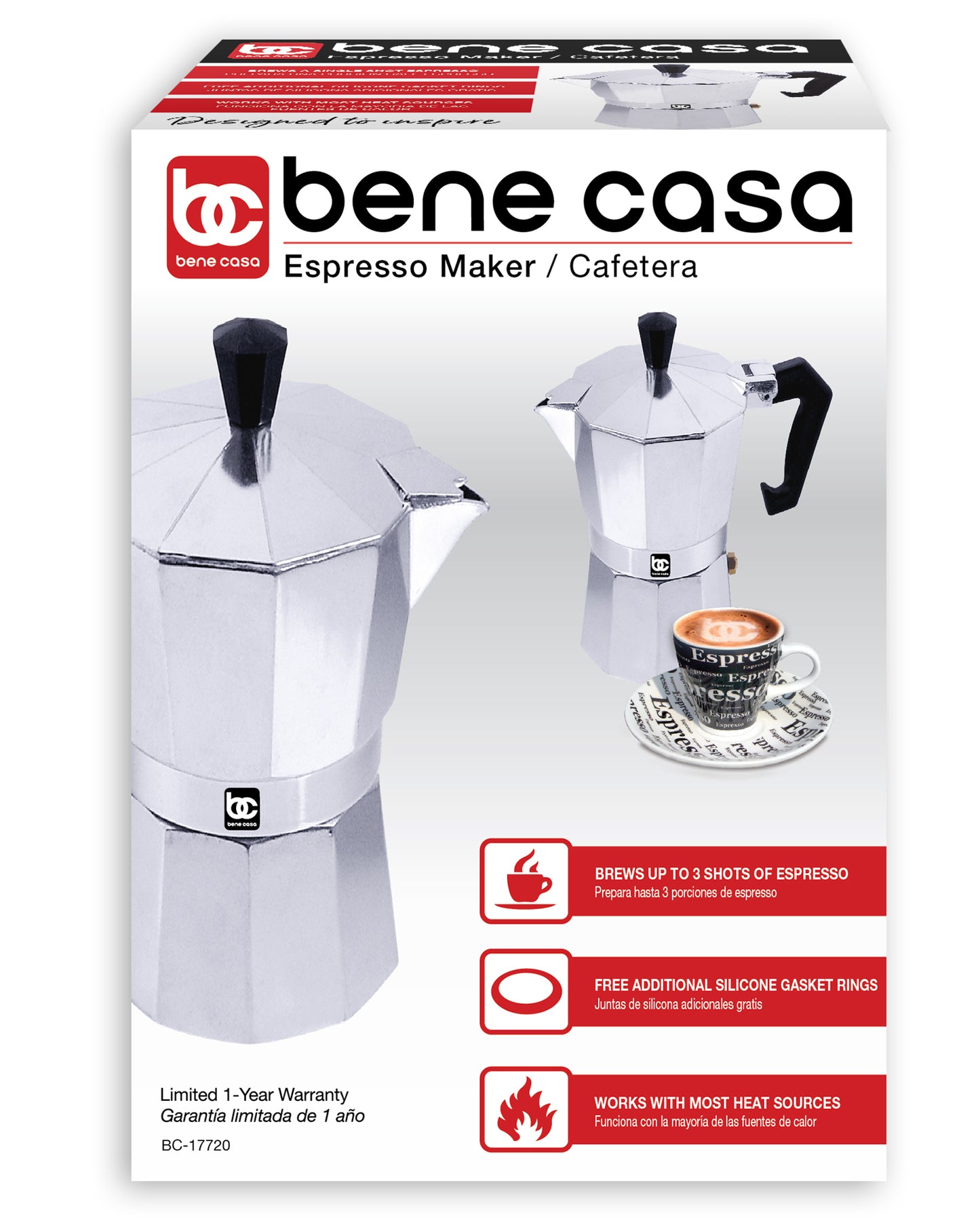 
                  
                    Bene Casa aluminum, stovetop, espresso maker w/ side pour spout
                  
                