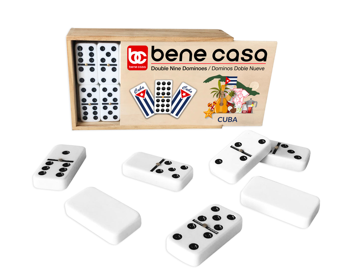 
                  
                    Bene Casa handcrafted double 9,55-tile domino set w/ wooden box,Cuban flag motif
                  
                