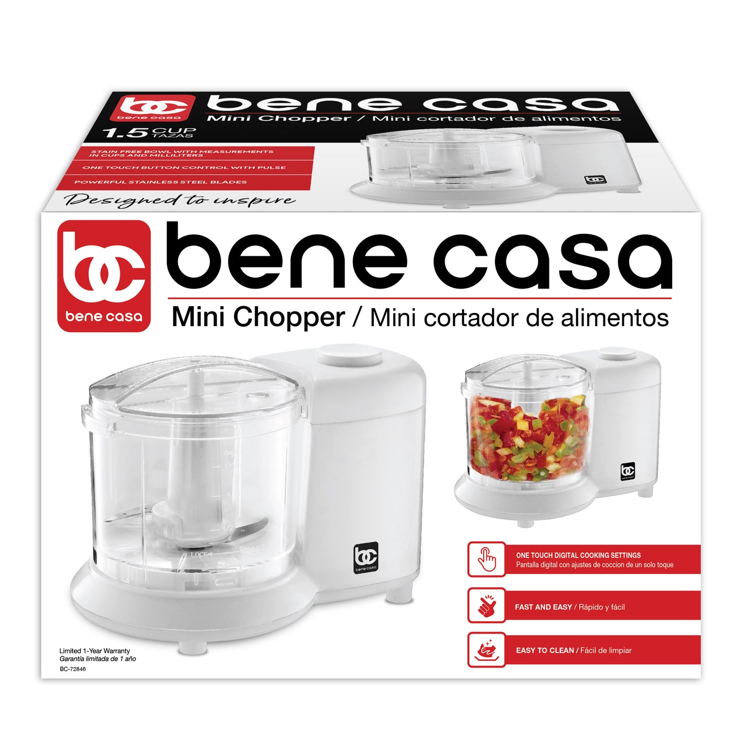 
                  
                    Bene Casa Mini Chopper, stainless-steel blade, pulse control, mincer, dicer - (3 colors)
                  
                