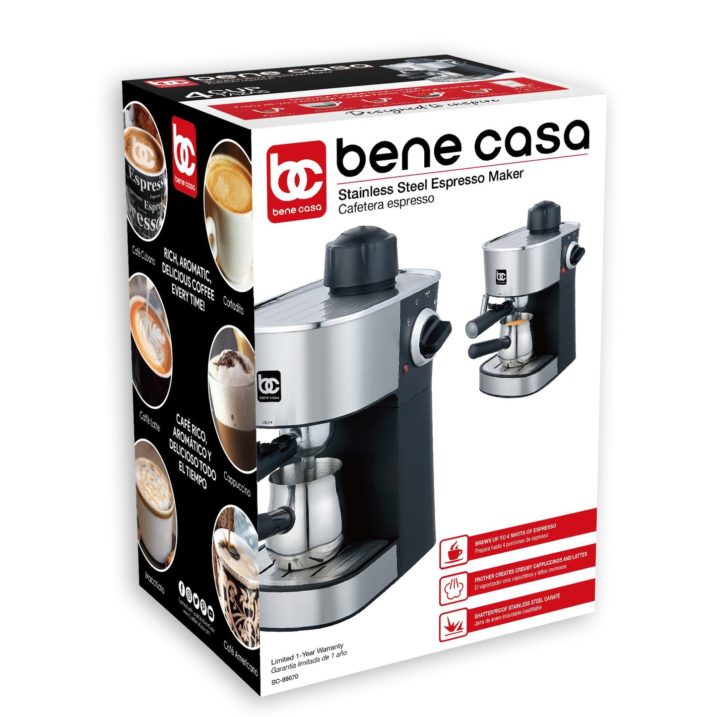 
                  
                    Bene Casa 4-cup stainless-steel espresso maker; cappuccino, latte , coffee maker
                  
                